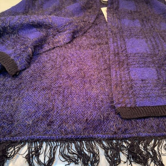 Vertigo Plaid Fuzzy Cardigan Womens Open Front Tweed Wrap Cape Boho Fringe Trim - Picture 16 of 16